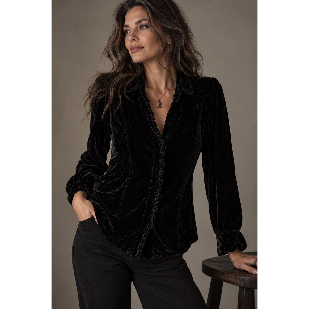 J Jill Velvet Shirt Womens 8 Black Ruffle Button Down Long Sleeve Holiday Blouse